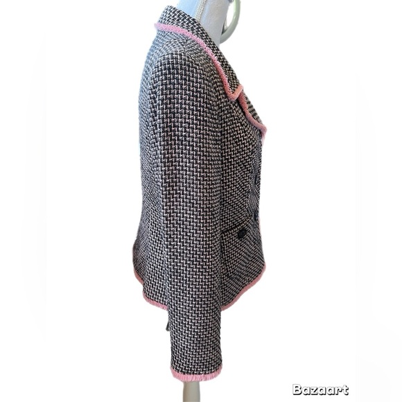 Bigio Collection Pink/black 3 Button Blazer Lined Fringed Edges Size 12 - Picture 2 of 4